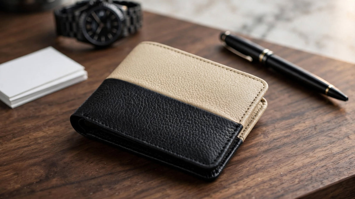 Premium Two-Tone Leather Bi-Fold Wallet – Black & Beige