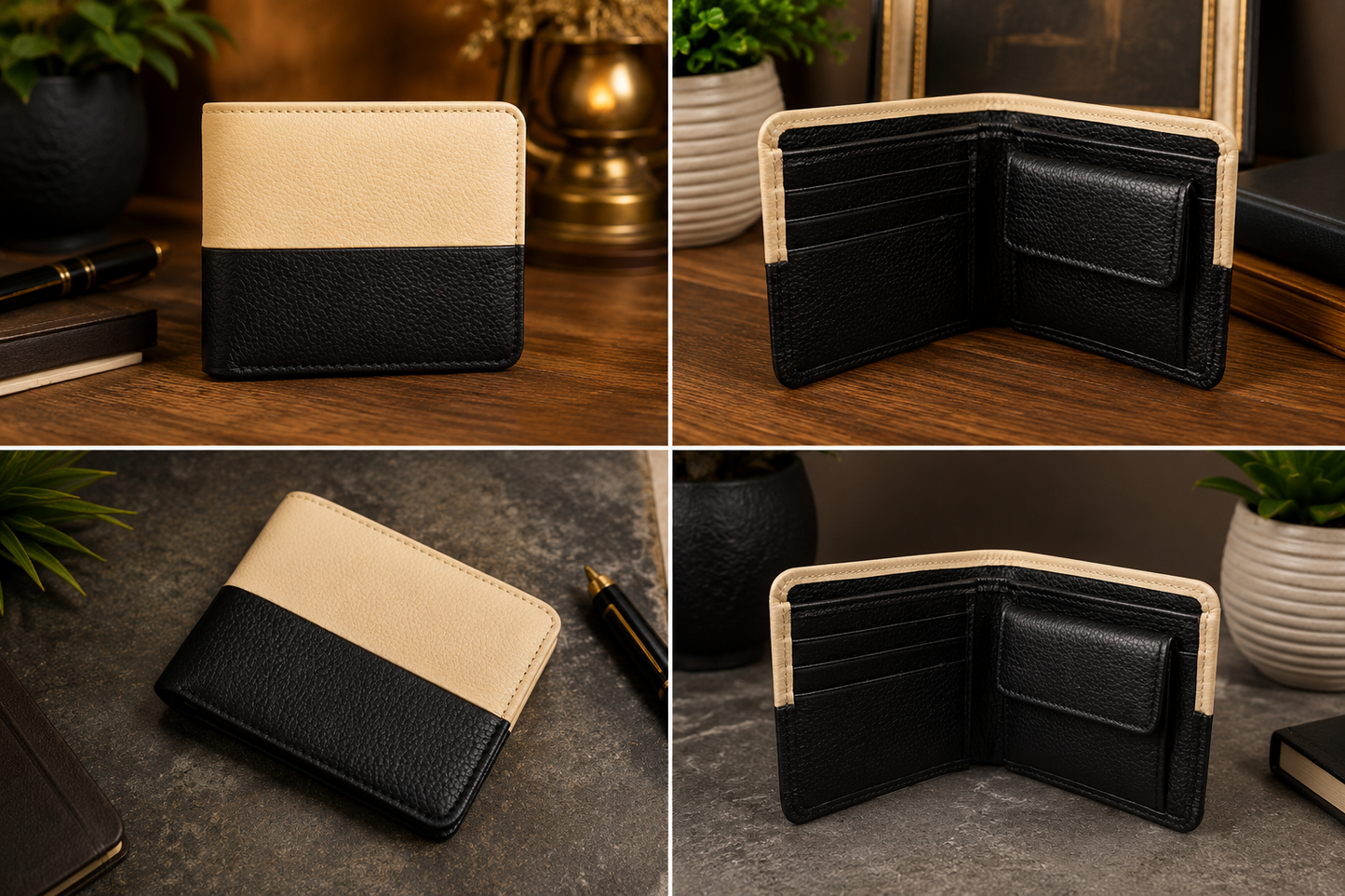 Premium Two-Tone Leather Bi-Fold Wallet – Black & Beige