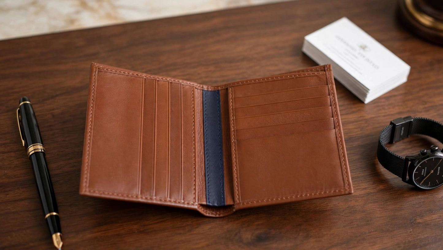 STRIP Executive Wallet - Tan Brown & Navy Blue Bifold Leather Wallet for Men | Classic Office Edition
