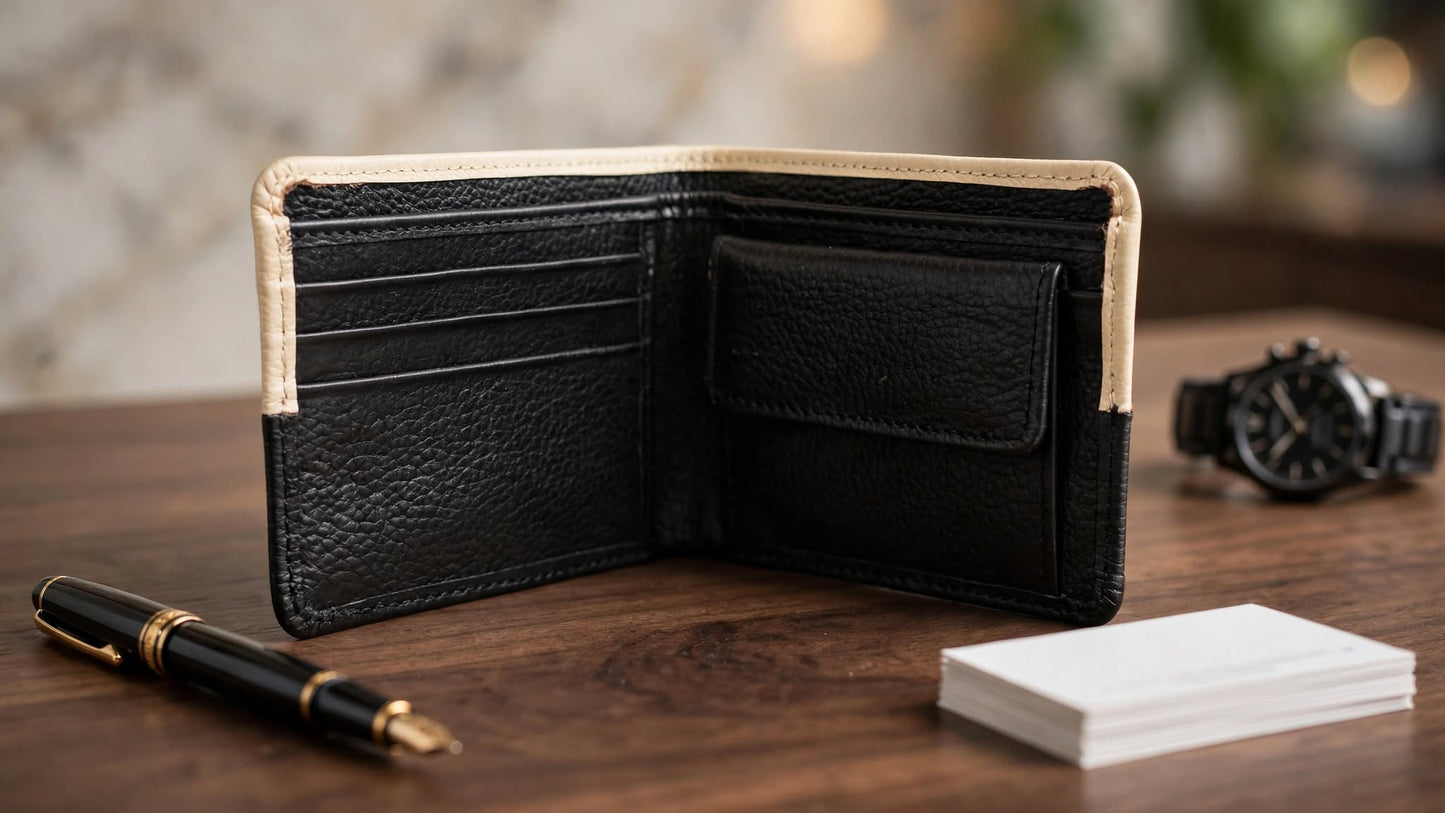 Premium Two-Tone Leather Bi-Fold Wallet – Black & Beige