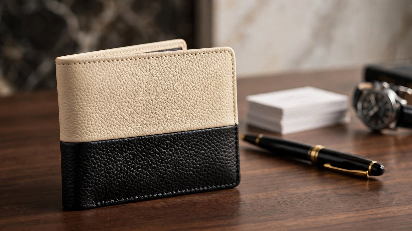 Premium Two-Tone Leather Bi-Fold Wallet – Black & Beige
