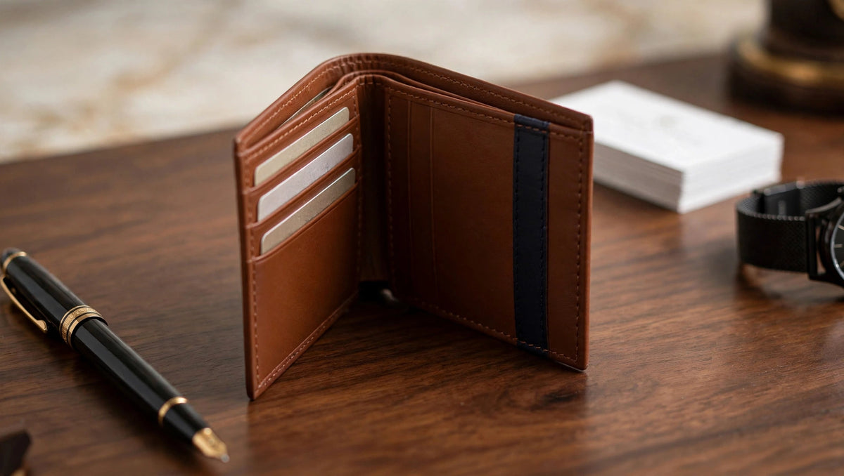 STRIP Executive Wallet - Tan Brown & Navy Blue Bifold Leather Wallet for Men | Classic Office Edition
