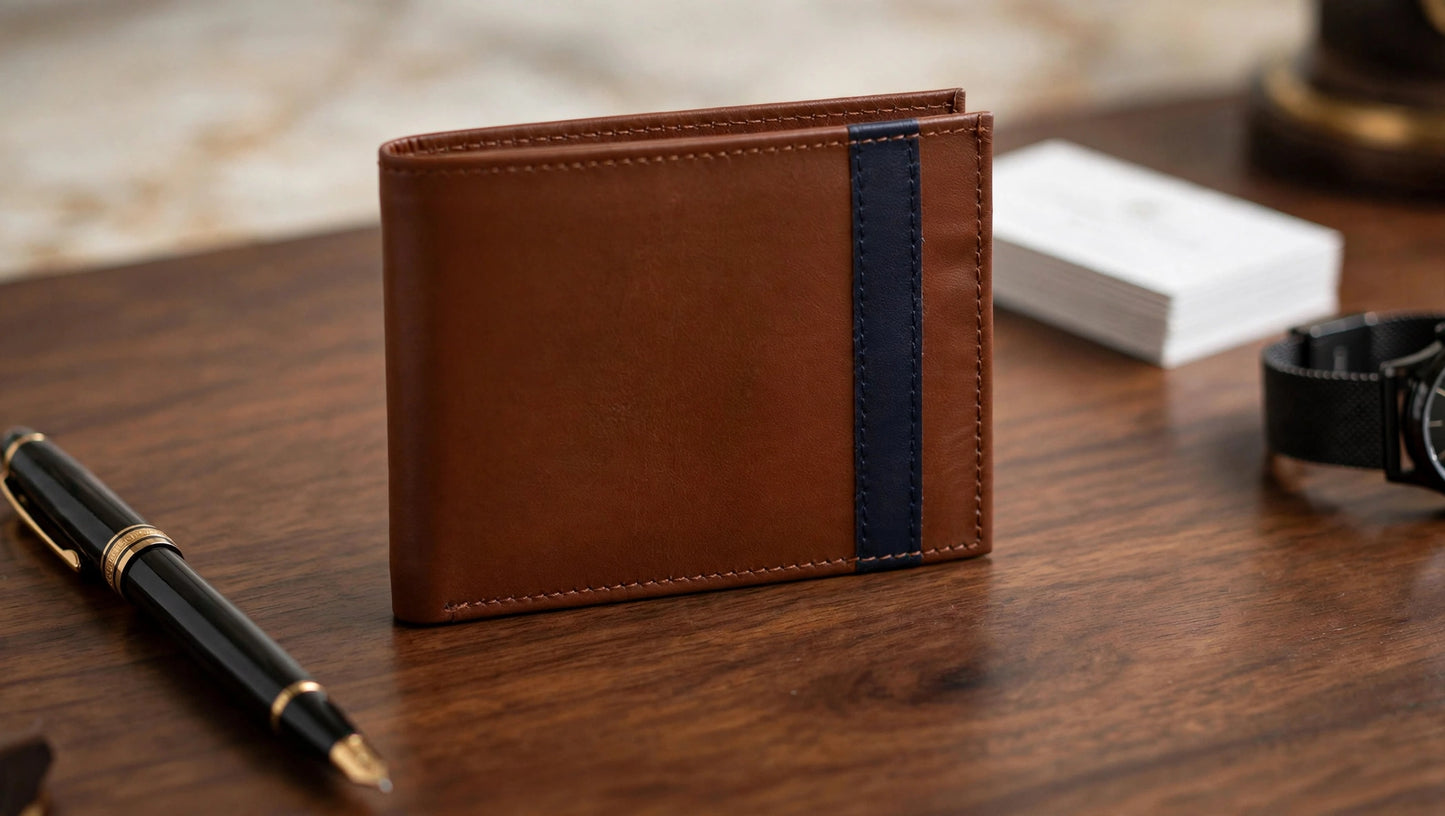 STRIP Executive Wallet - Tan Brown & Navy Blue Bifold Leather Wallet for Men | Classic Office Edition