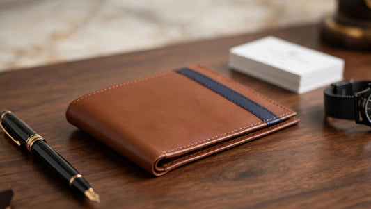 STRIP Executive Wallet - Tan Brown & Navy Blue Bifold Leather Wallet for Men | Classic Office Edition